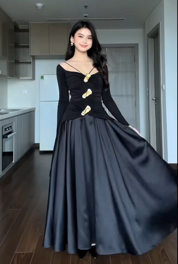 Niulatu V-neck Two-Piece Long Prom Dress Satin Black Guest Dress HZ1026